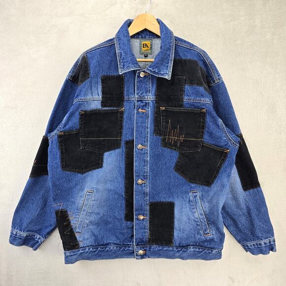 Boom-X Other - VTG Boom X Jean Jacket Mens XL Blue Denim Corduroy Patchwork Trucker Y2K FLAWS